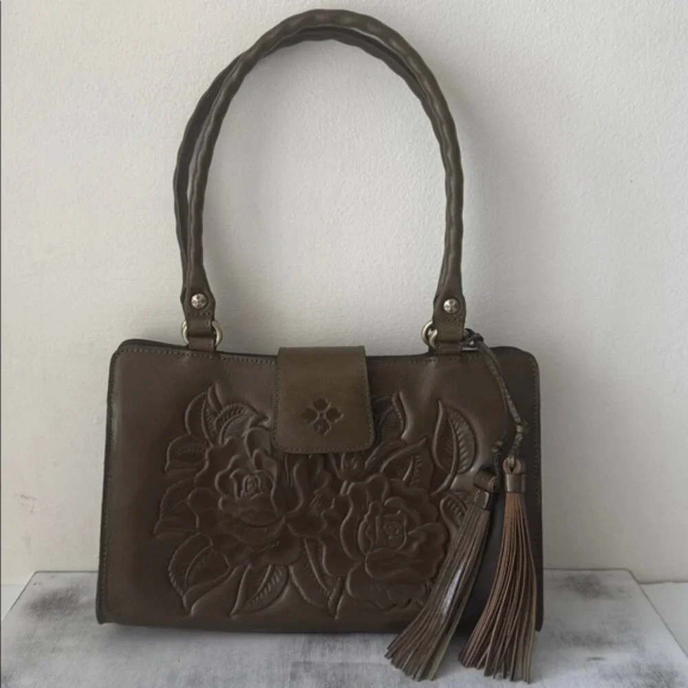 Patricia Nash Rienzo Satchel Vtg Rose Tooled Leather Soft Olive Green W Tassel